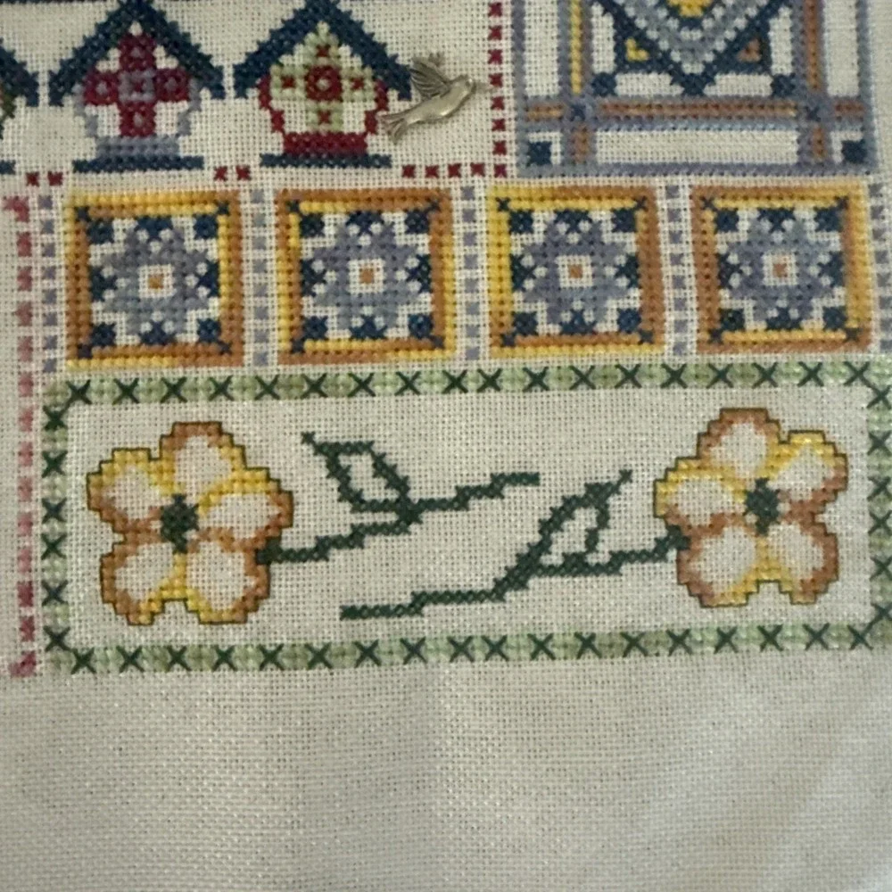 Vtg Completed Cross Stitch Quilt Style 13x9 Granny Core‎ Bird House Floral